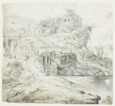 廃墟と滝のある岩の岬（レクト）；建物のある崖のスケッチ（裏面） 作： ジャイルズ・エドメ・プティ