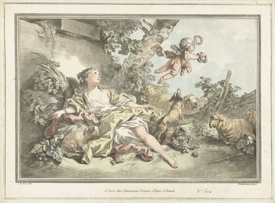 アモールが飛んでいる羊飼いの女 作： Gilles Antoine Demarteau