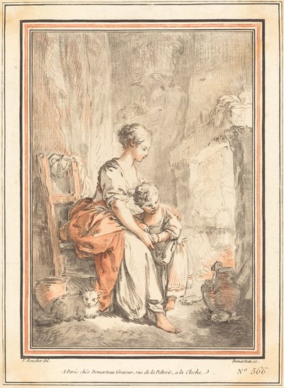 暖炉の前の女性と子供 作： Gilles Antoine Demarteau after François Boucher