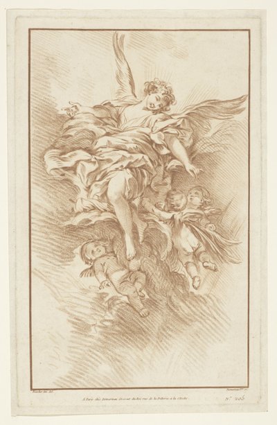 雲の中に 3 つの putti を持つ天使 作： Gilles Demarteau