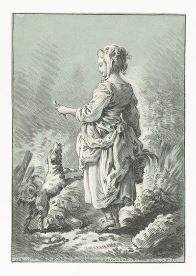 犬を持つ若い女性 若い村人 作： Gilles Demarteau