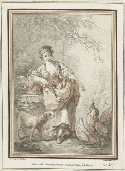 犬と鶏と鶏を持つ若い女性 作： Gilles Demarteau