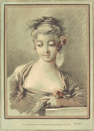 バラを持つ若い女性、c。 1776年。 作： Gilles Demarteau