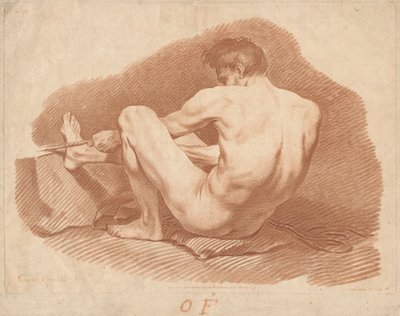 後ろから見た裸の男が座って、ロープを引っ張っている 作： Gilles Demarteau, the Elder after Carle Van Loo