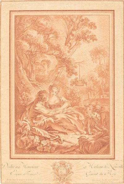 大木のふもとに座る二人の恋人、二人の少女に驚く 作： Gilles Demarteau, the Elder after François Boucher