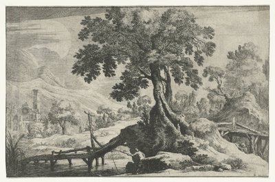 橋の上の釣り人と川の風景 作： Gilles Neyts