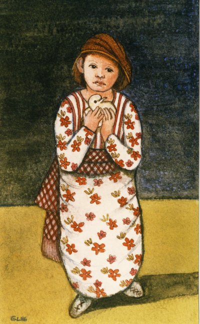 鳩を持つ少女、1986（紙に水彩） 作： Gillian Lawson
