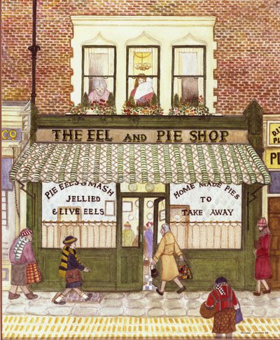 ウナギとパイの店、1989（紙に水彩） 作： Gillian Lawson