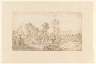 川沿いに背の高い木々が立ち並ぶ丘陵の風景 作： Gillis Claesz de Hondecoeter