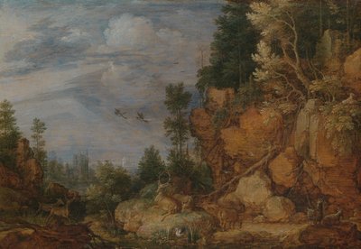 鹿とヤギのいる岩の多い風景 作： Gillis Claesz de Hondecoeter