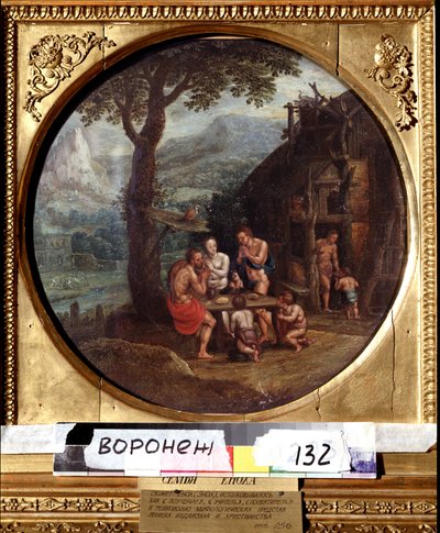 エノク（またはヘノク、エノク、ヘノク）の家族。 エノクファミリー。 Gillis Mostaert (1534-1598) による絵画。 オランダの芸術、マニエリスム。 キャンバスに油彩。 ロシアのヴォロネジ (ヴォロネジ) にあるイヴァン クラムスコイ (またはクラムスコイ) 美術館。 作： Gillis Mostaert