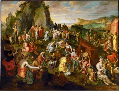 モーセが岩から水を汲む（オーク材に描かれた絵） 作： Gillis Mostaert