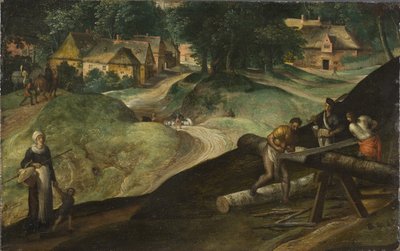 モスタールト、ジリス（1534-1598）の「木を切る男たちのいる風景」。木に油彩 作： Gillis Mostaert