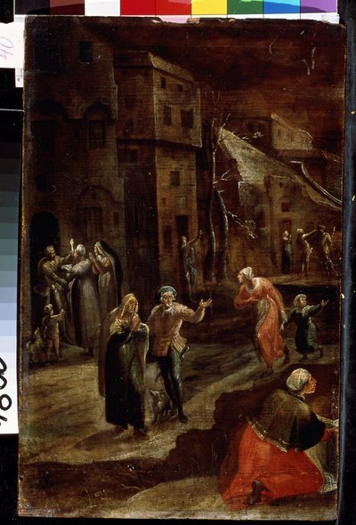 ""Street scene at night"" (町の夜のシーン) オランダの都市の住民は脅威から逃れるように見え、走って家に逃げ込み、恐怖と苦悩の印象を与えます。 Gillis Mostaert (1534-1598) の絵画 リヴィウ、B 博物館 作： Gillis Mostaert
