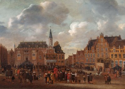 ハールレム市庁舎のバルコニーから見た1648年のミュンスター講和条約の発表 作： ギリス・ロンボウツ