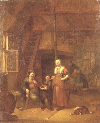 給仕の女性にお金を払う男性がいる旅館の室内 作： Gillis de Winter