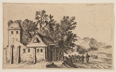 丘陵地帯の樹木の前の農場（『12の風景』より 作： Gillis van Scheyndel
