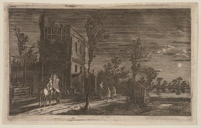 老朽化した塔のそばの人物：月夜の夜想曲（「6つの風景」より 作： Gillis van Scheyndel