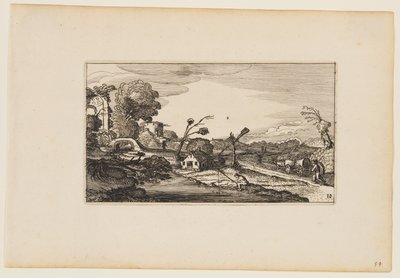 水面の右に小道、左にローマ遺跡（「人物のいる12の風景」より 作： Gillis van Scheyndel