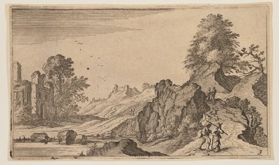 岩の脇の小道を行く歩行者、左は水の向こうの廃墟、『12の風景』より 作： Gillis van Scheyndel