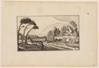 堀と塀に囲まれたカントリー・ハウスの左側の道（「人物と12の風景」より 作： Gillis van Scheyndel