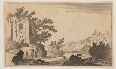 丘陵地帯の川の左にある廃墟（『12の風景』より 作： Gillis van Scheyndel