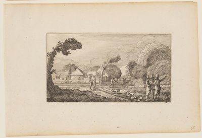 牧場の前の小道を行く数人の男たち（「人物のある12の風景」より 作： Gillis van Scheyndel