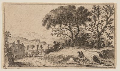 右の小高い丘の3本の木の前に小道を行く旅人（『12の風景』より 作： Gillis van Scheyndel