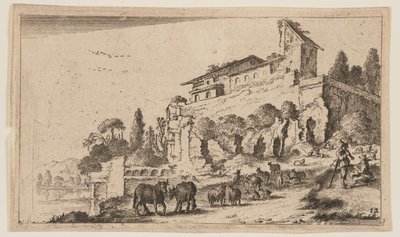 河の右の高台にある廃墟を取り込んだヴィラ（『12の風景』より 作： Gillis van Scheyndel