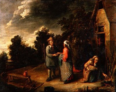 コテージのそばの農民たち 作： Gillis van Tilborgh