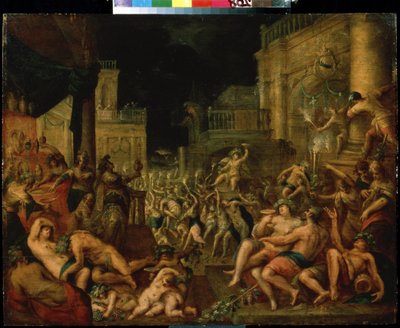 バッカスとシレノスを称えるミダスの饗宴。 Gillis van Valckenborch (1570-1622) による絵画。 木材に油彩、薄さ: 61.6 x 78.7cm. フランドルのバロック様式のアート。 プーシキン美術館、モスクワ。 作： Gillis van Valckenborch