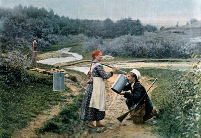 ハンターが若い女性、ロシア、c1890から飲み物を飲む 作： Gillot