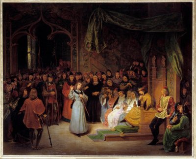 シノンでシャルル7世（1403-1481）の前に立つジョーン・オブ・アーク（1412-1431）、質問する前任者たちへの回答、1429年2月 ジロ・サンテーブル（1791-1858）による絵画 1832年 日1,42 x 1,67 m 作： Gillot Saint Evre