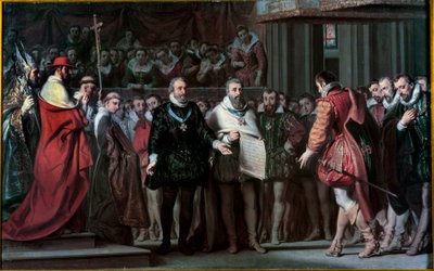スペインのフィリップ2世がアンリ4世をフランスの王として認める ジロ・サン・エヴル（1791-1858）の絵画 1837年 日0,17x0,71 m 作： Gillot Saint Evre