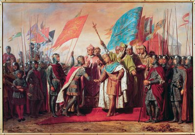第三回十字軍（1189-1192年）：フィリップ・アウグストゥス（フランスのフィリップ2世）との会談と握手 作： ギロ・サンテブル