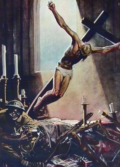 Anti American WWII ポスター - Black American Pillaging Church - Gino Boccasile (1901-1952) によるポスター - イタリアのプロパガンダ Anti USA 1943 - Gino Boccasile (1901-1952) によるポスター 作： Gino Boccasile