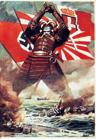 真珠湾でアメリカ艦隊を撃沈する日本の武士 (1941 年 12 月 7 日)、ジーノ ボッカシレ (1901-1952) 作のポスター、第二次世界大戦、イタリア、20 世紀 作： Gino Boccasile