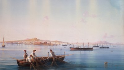 海から見たナポリの風景（ボディカラー・紙 作： Gioacchino La Pira