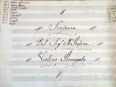 Gioacchino Rossiniの交響曲のバイオリン譜の1ページ目の詳細。 作： Gioachino Rossini