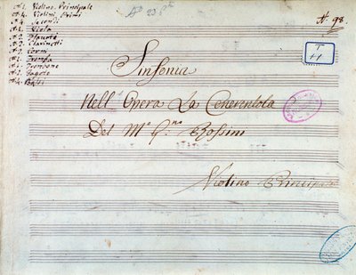 ジョアッキーノ・ロッシーニ作曲「シンデレラ」の交響曲のバイオリンの楽譜のタイトルページ 作： Gioachino Rossini