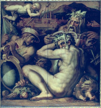 チンクエチェント見本市の天井に描かれたサンセポルクロとアンギアーリの町のアレゴリー 作： Giorgio (and workshop) Vasari
