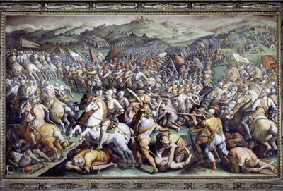 ヴァルディチアーナ（キアーナ渓谷）のスカンナガッロの戦い。ジョルジョ・ヴァザーリとその工房（1511-1574）によるフレスコ画。ヴェッキオ宮殿（チンクエチェント・サローネ） 作： Giorgio (and workshop) Vasari