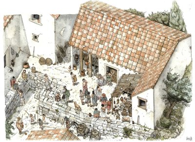 古代ギリシャ：紀元前5世紀、アテナイの靴職人（セイヴァー）の店を復元。哲学者ソクラテスがそこで市民たちと議論している様子が描かれている。ギリシャ イラスト：ジョルジョ・アルベルティーニ(筆者の作品使用 作： ジョルジオ アルベルティーニ