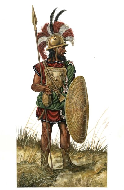 古代ローマ（古風な紀元前753～530年）：戦士の武器、兜、盾、槍の表現（紀元前8世紀の君主時代） 作： ジョルジオ アルベルティーニ