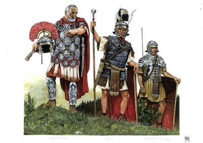 古代ローマ：百人隊長、オプティオ（百人隊長と十人隊長の間の使者）、軍団兵。2世紀 作： ジョルジオ アルベルティーニ