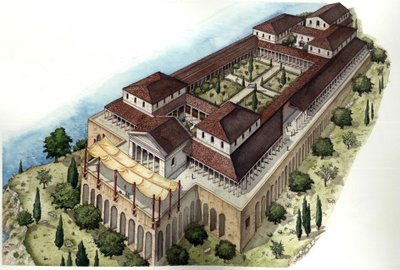 古代ローマ：ガルダ湖（lago di Garda）の子午線岸、シルミオーネ周辺にある、ラテン語の同名の詩人（紀元前1世紀）の住居、ローマ時代のヴィラ・カトゥッレ（Catulle）またはカーヴ・ディ・カトゥッロ（Cave di Catullo）を復元。イタリア。 作： ジョルジオ アルベルティーニ
