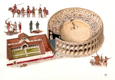 古代ローマ：イタリア、アブルッツォ州アクイラ近郊の都市アミテルヌムの円形闘技場跡の復元。紀元1〜2世紀。左上には、様々な剣闘士の衣装と闘技場で行われた戦闘シーン。イラスト：Gior 作： ジョルジオ アルベルティーニ