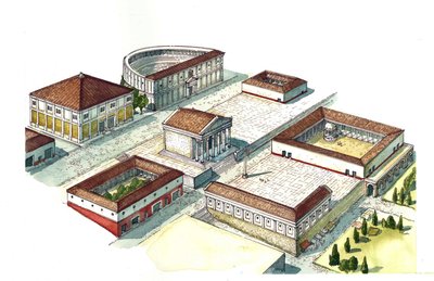 古代ローマ：円形闘技場、神殿のあるナポリ中心部の再建イタリア 作： ジョルジオ アルベルティーニ