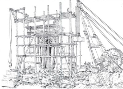 古代ローマ：紀元1世紀のアーチ建設現場の再現。足場と滑車を使って大理石のブロックを吊り上げる作業員たち。イラスト：ジョルジョ・アルベルティーニ。(この著者の作品の使用は 作： ジョルジオ アルベルティーニ