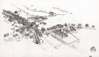 古代ローマ：2世紀のローマ・ブルターニュ（ブリタニアまたはブルターニュ島）の村の復元。イラスト：ジョルジョ・アルベルティーニ。(この著作者の著作物の使用は、第三者からの許諾申請や、著作権者の許諾を得ることを条件とするものではない 作： ジョルジオ アルベルティーニ